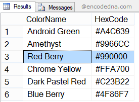 Table in SQL Server with color hex code