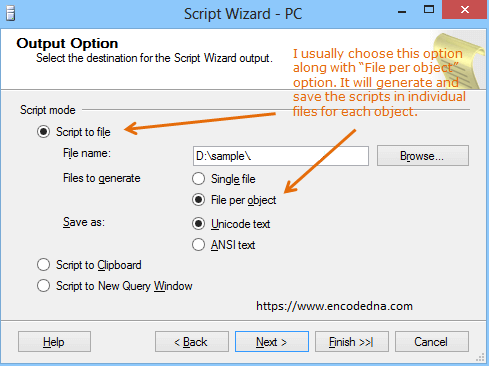 Save generated scripts in files in SQL Server