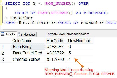 Showing last 3 records in SQL Server table using ROW_NUMBER()