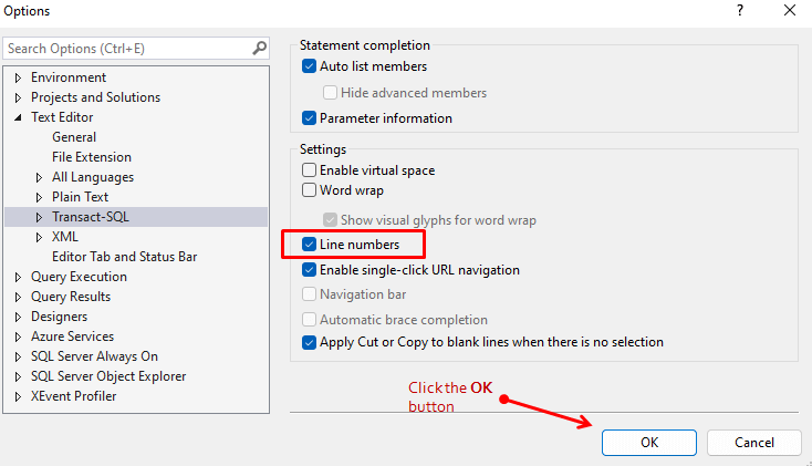 SSMS Query Editor Line numbers option