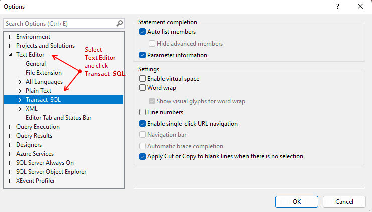 SSMS Text Editor Transact-SQL option